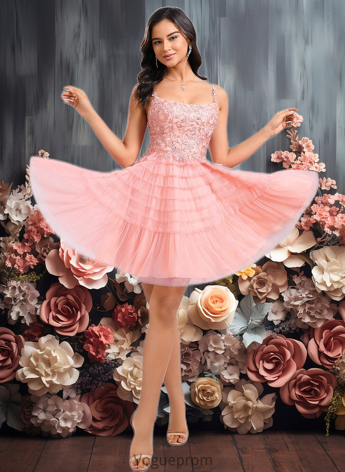 Mary Ball-Gown/Princess Scoop Short Tulle Lace Homecoming Dress With Ruffle DKP0025676