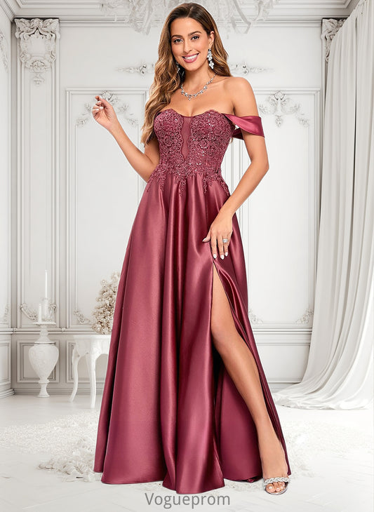 Anna A-line Off the Shoulder Floor-Length Satin Lace Prom Dresses With Sequins DKP0025841