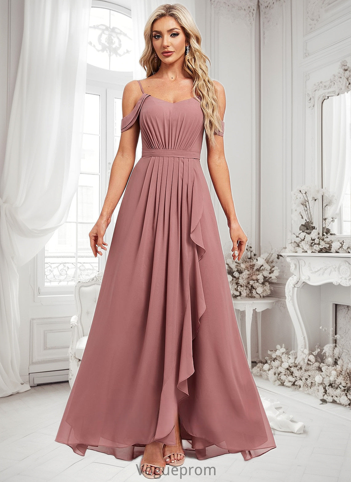 Jacquelyn A-line Cold Shoulder Asymmetrical Chiffon Bridesmaid Dress DKP0025823