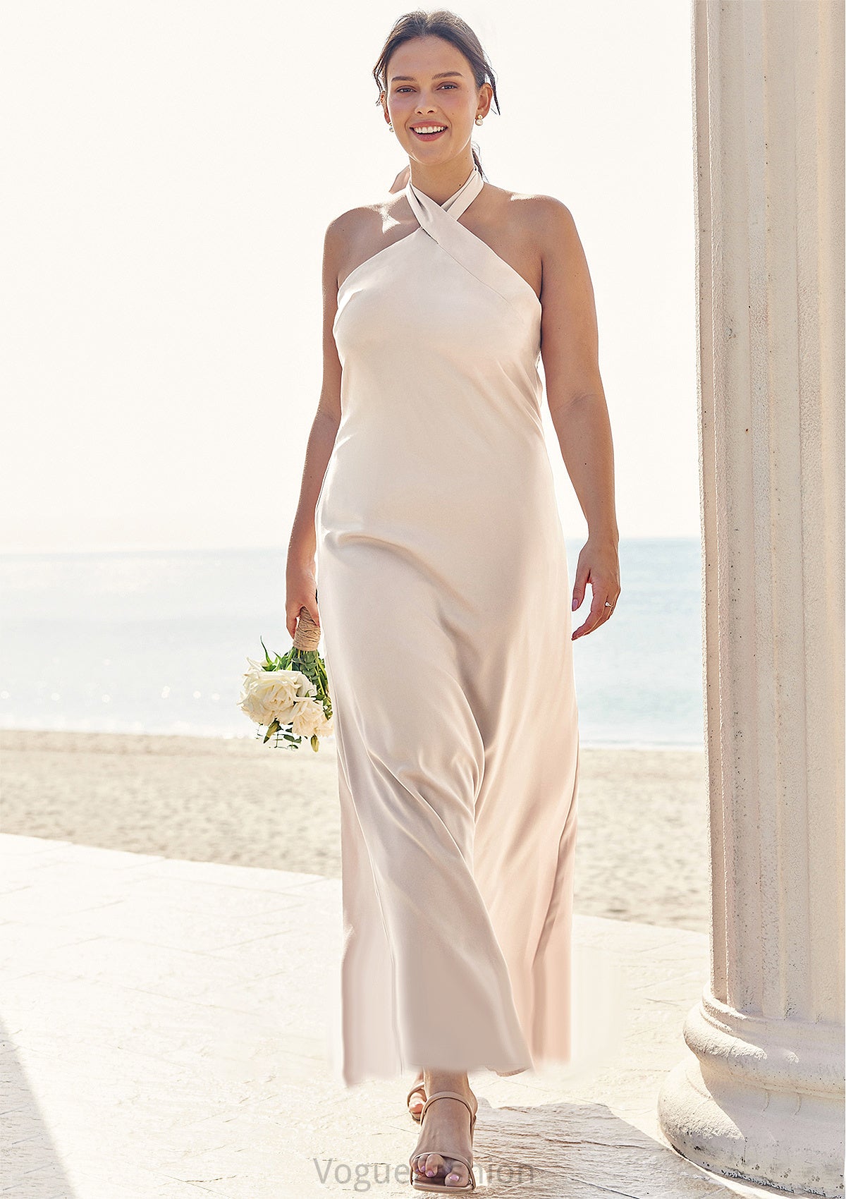 Sheath/Column Halter Sleeveless Ankle-Length Stretch Satin Plus Size Bridesmaid Dresses with Bowknot Haven DKP0025237