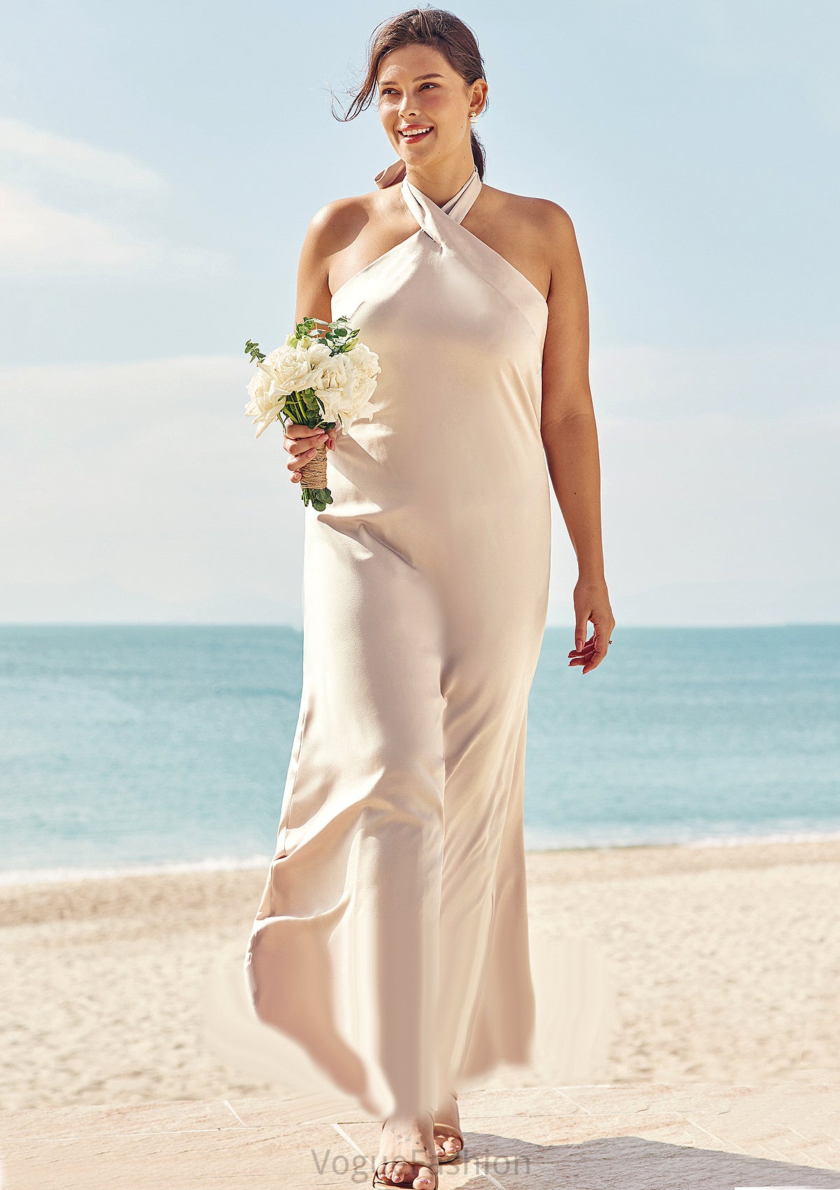 Sheath/Column Halter Sleeveless Ankle-Length Stretch Satin Plus Size Bridesmaid Dresses with Bowknot Haven DKP0025237