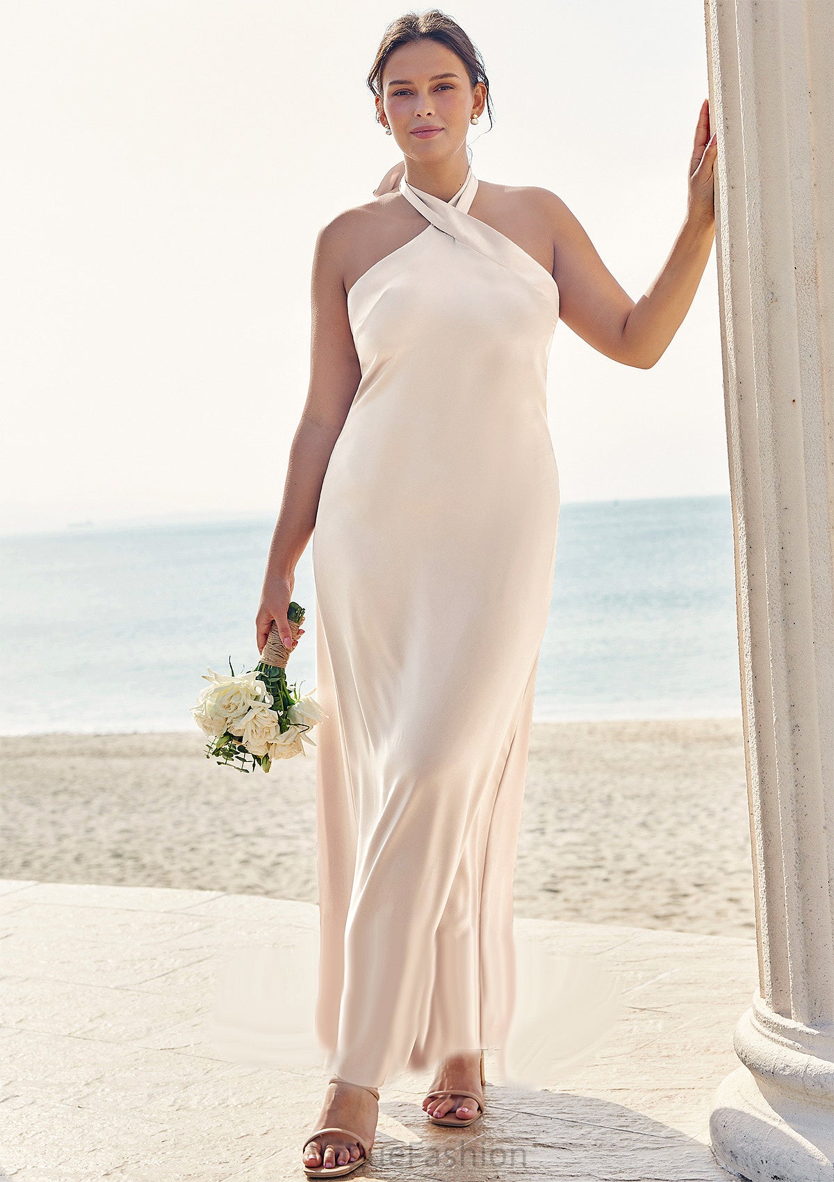 Sheath/Column Halter Sleeveless Ankle-Length Stretch Satin Plus Size Bridesmaid Dresses with Bowknot Haven DKP0025237