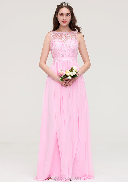 Bateau Sleeveless Long/Floor-Length Chiffon A-line/Princess Bridesmaid Dresses With Lace Sophia DKP0025489