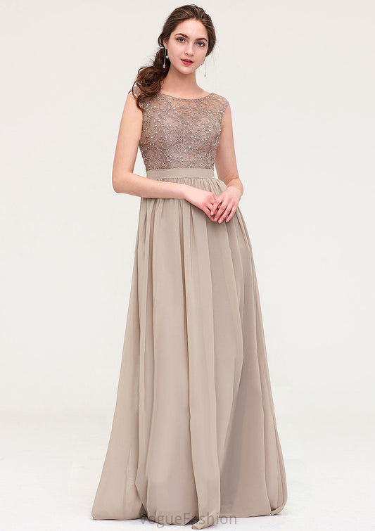 Sleeveless Scoop Neck Long/Floor-Length Chiffon A-line/Princess Bridesmaid Dresses With Sequins Beading Lace Pleated Jade DKP0025493