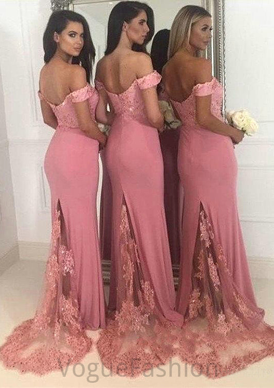 Sleeveless Off-the-Shoulder Sweep Train Sheath/Column Jersey Bridesmaid Dresseses With Lace Beading Everleigh DKP0025519