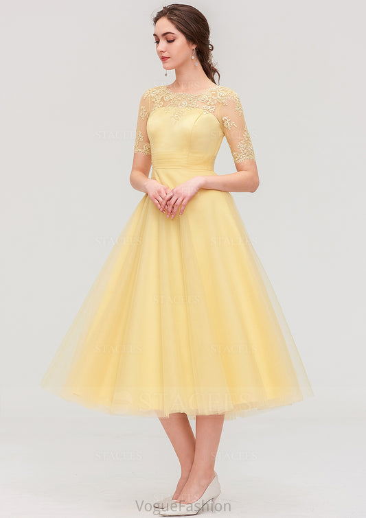 Bateau Short Sleeve A-line/Princess Tulle Tea-Length  Bridesmaid Dresses With Pleated Lace Yasmin DKP0025522