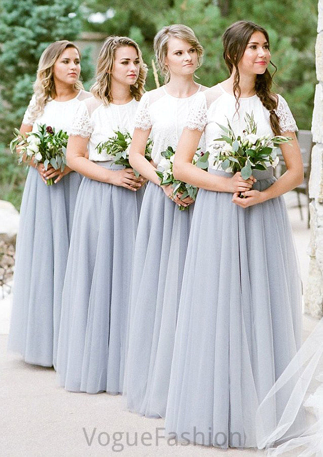 Short Sleeve Scoop Neck Long/Floor-Length A-line/Princess Tulle Bridesmaid Dresseses With Lace Gia DKP0025563