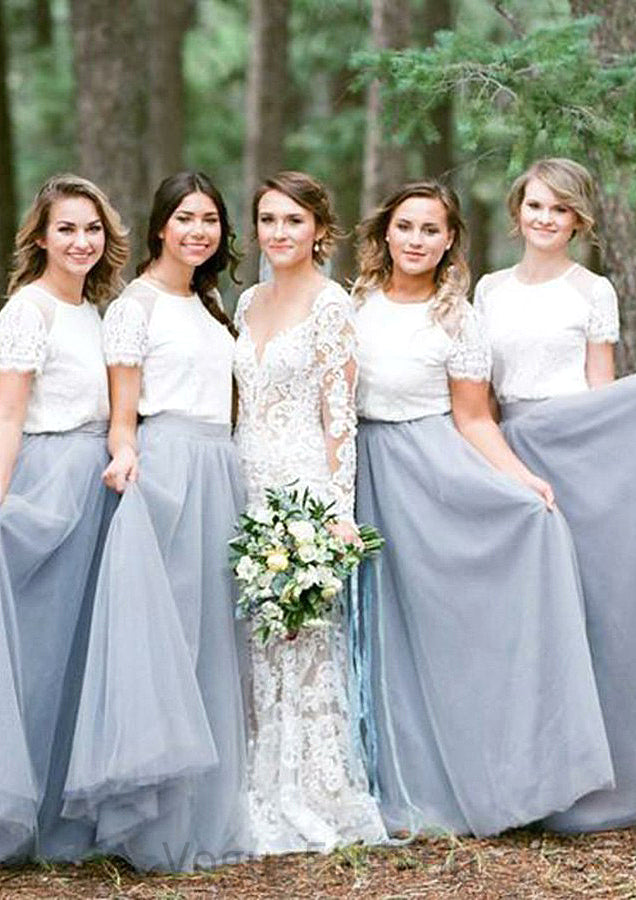 Short Sleeve Scoop Neck Long/Floor-Length A-line/Princess Tulle Bridesmaid Dresseses With Lace Gia DKP0025563