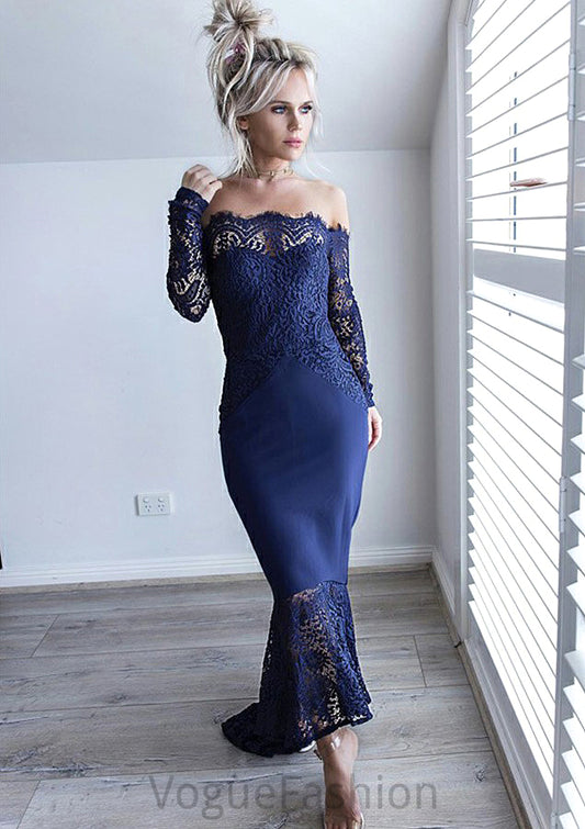 Off-the-Shoulder Full/Long Sleeve Asymmetrical Trumpet/Mermaid Lace Bridesmaid Dresseses Autumn DKP0025566