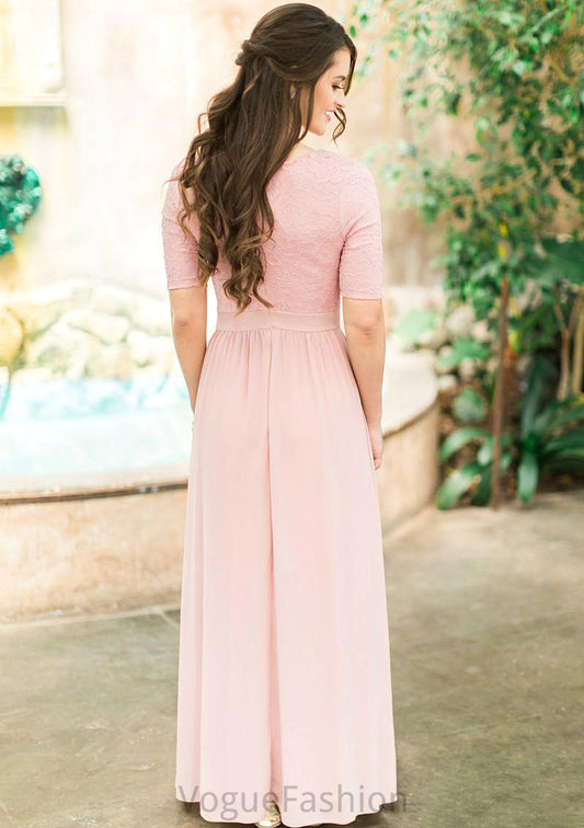 Scoop Neck Short Sleeve Ankle-Length A-line/Princess Chiffon Bridesmaid Dresses With Lace Pleated Josie DKP0025580