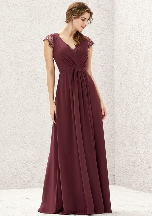 A-line V Neck Sleeveless Chiffon Long/Floor-Length Bridesmaid Dresses With Pleated Lace Jolie DKP0025627