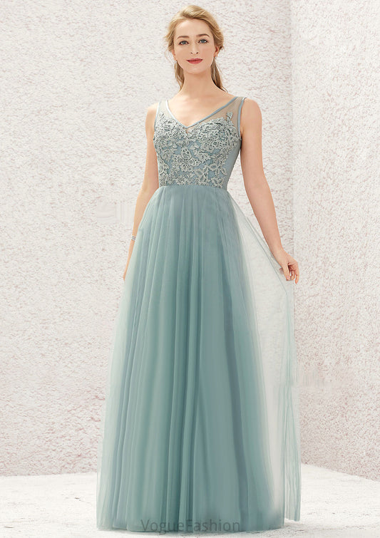 A-line V Neck Sleeveless Tulle Long/Floor-Length Bridesmaid Dresses With Lace Maddison DKP0025628