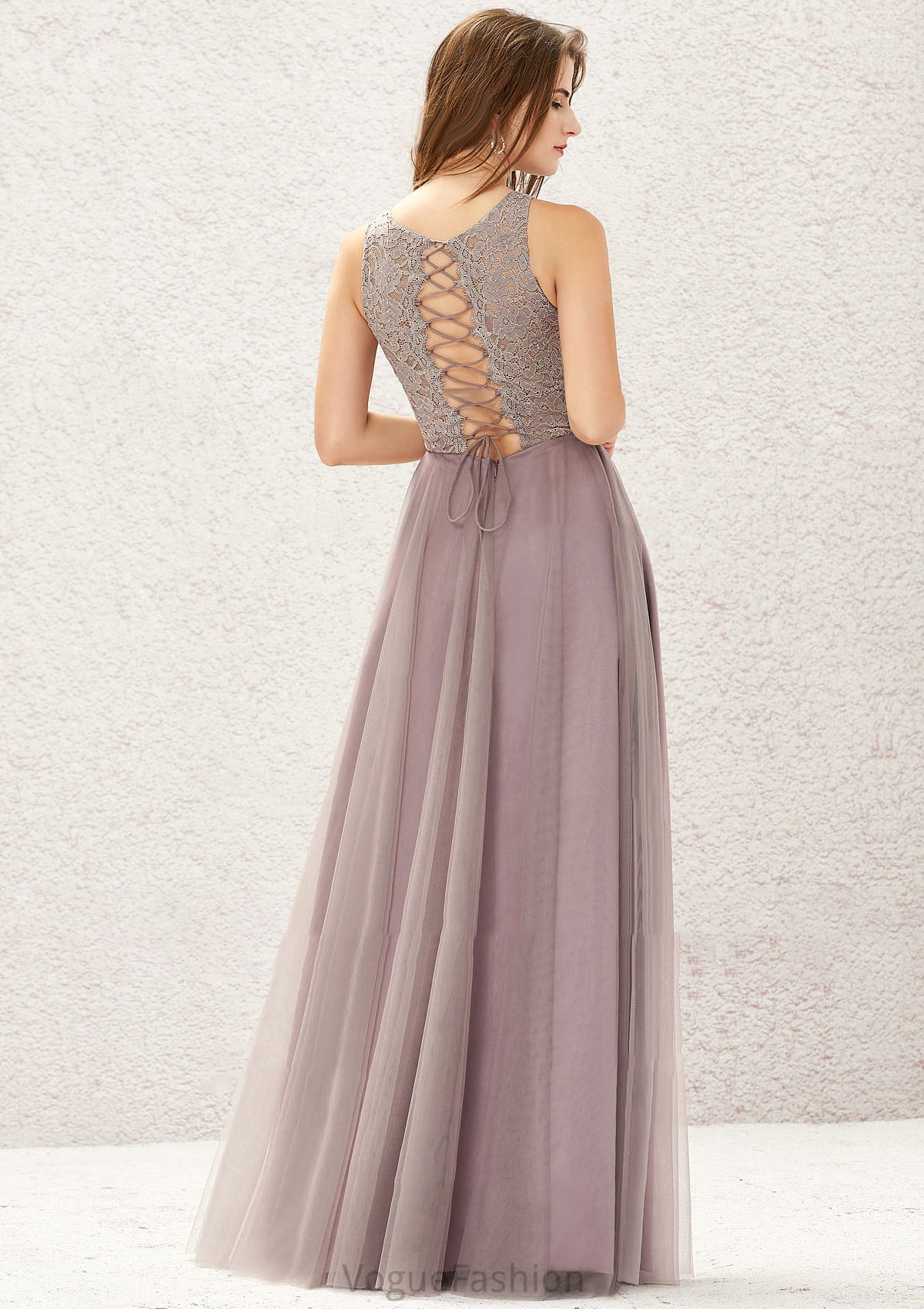 A-line Scoop Neck Sleeveless Lace Tulle Long/Floor-Length Bridesmaid Dresses Makena DKP0025631