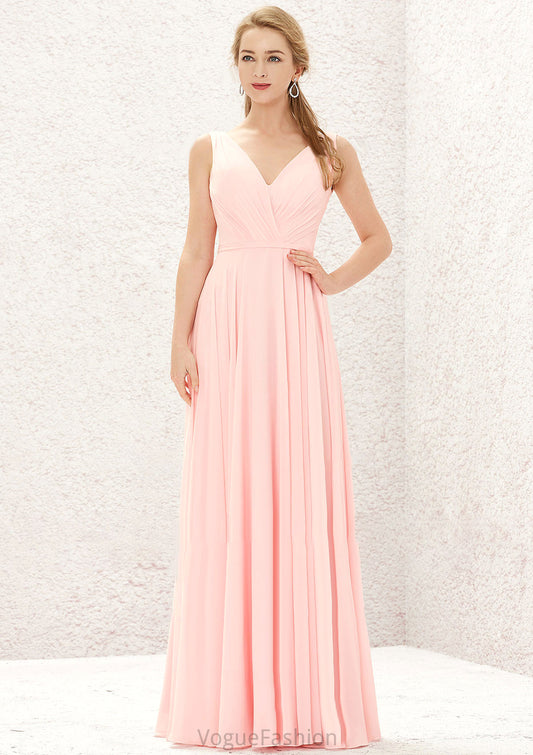 A-line V Neck Sleeveless Chiffon Long/Floor-Length Bridesmaid Dresses With Pleated Maggie DKP0025637