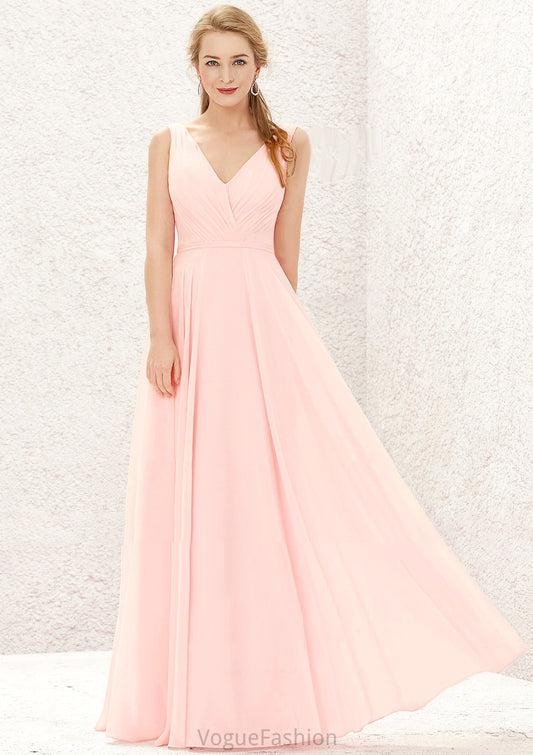 A-line V Neck Sleeveless Chiffon Long/Floor-Length Bridesmaid Dresses With Pleated Maggie DKP0025637