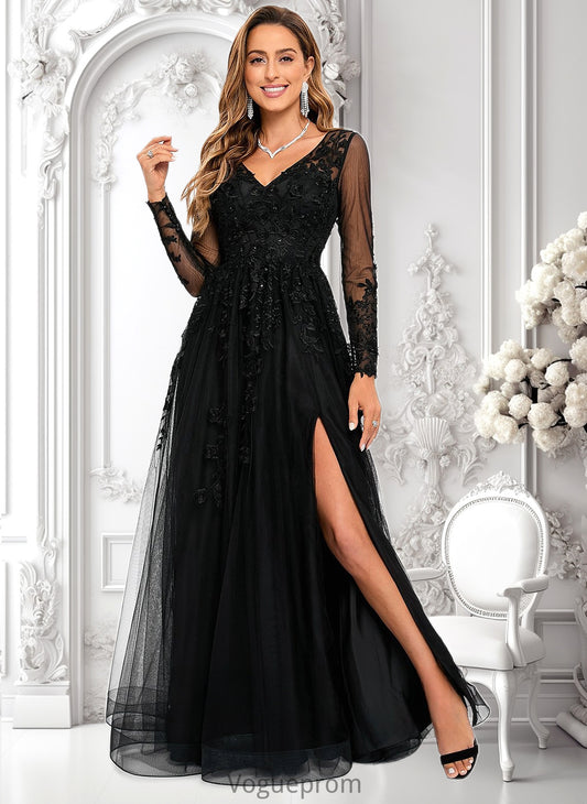 Valentina A-line V-Neck Floor-Length Tulle Prom Dresses With Sequins Appliques Lace Beading DKP0025834