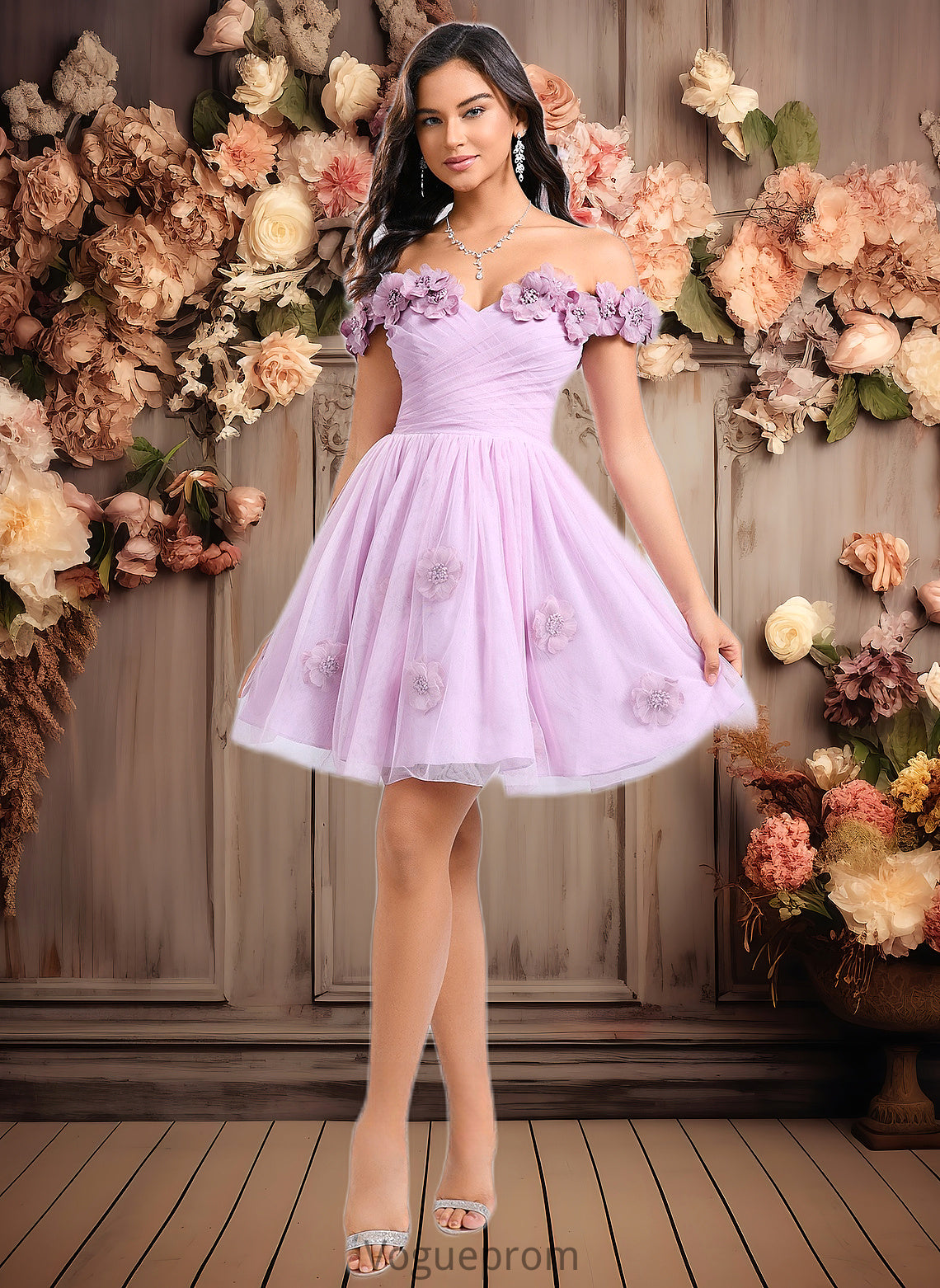 Penelope Ball-Gown/Princess Off the Shoulder Short Tulle Homecoming Dress With Pleated Flower DKP0025668