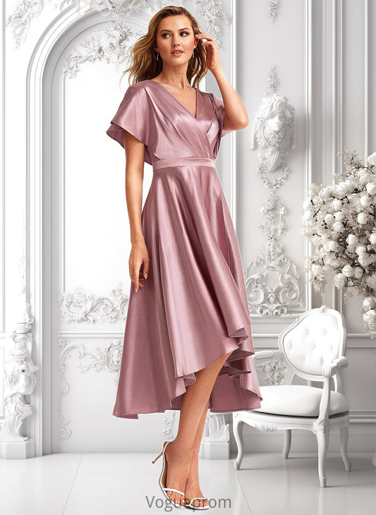 Mandy A-line V-Neck Asymmetrical Stretch Satin Bridesmaid Dress DKP0025752