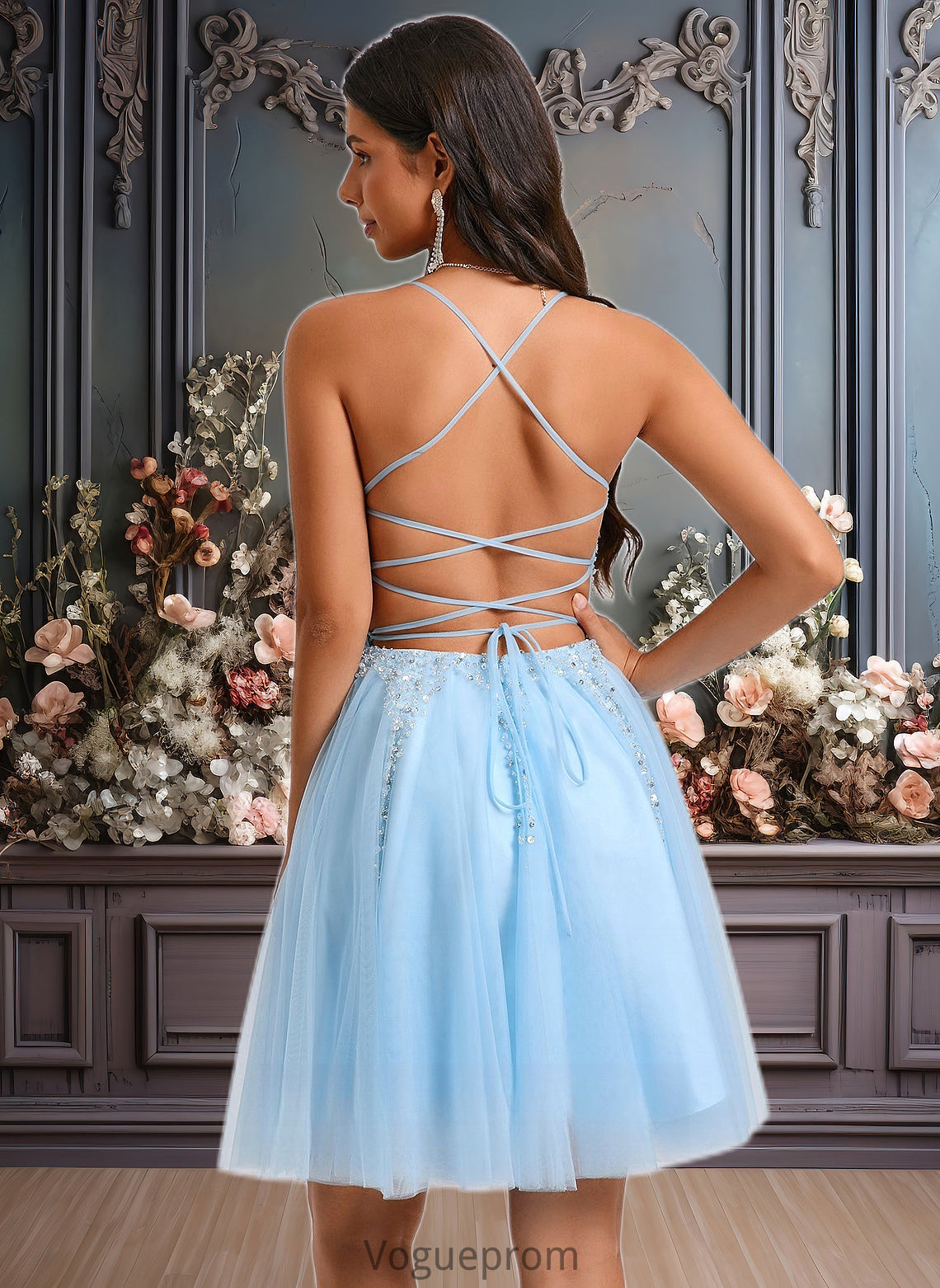 Aryana A-line Scoop Short Tulle Sequin Homecoming Dress With Sequins Beading DKP0025706