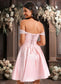 Avery A-line Off the Shoulder Short Satin Homecoming Dress With Rhinestone Beading Appliques Lace DKP0025679