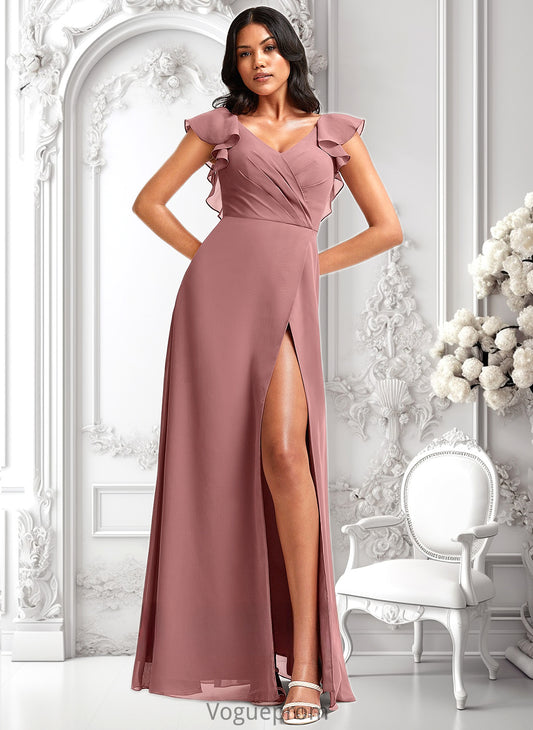 Ashleigh A-line V-Neck Floor-Length Chiffon Bridesmaid Dress With Ruffle DKP0025751