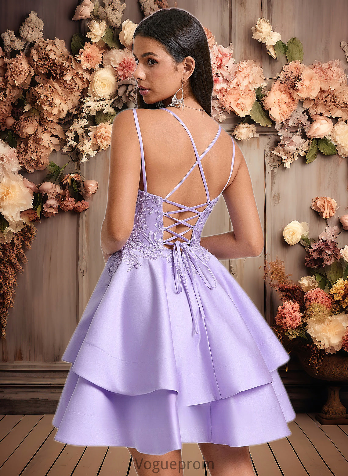 Londyn A-line V-Neck Short Satin Homecoming Dress With Appliques Lace DKP0025692