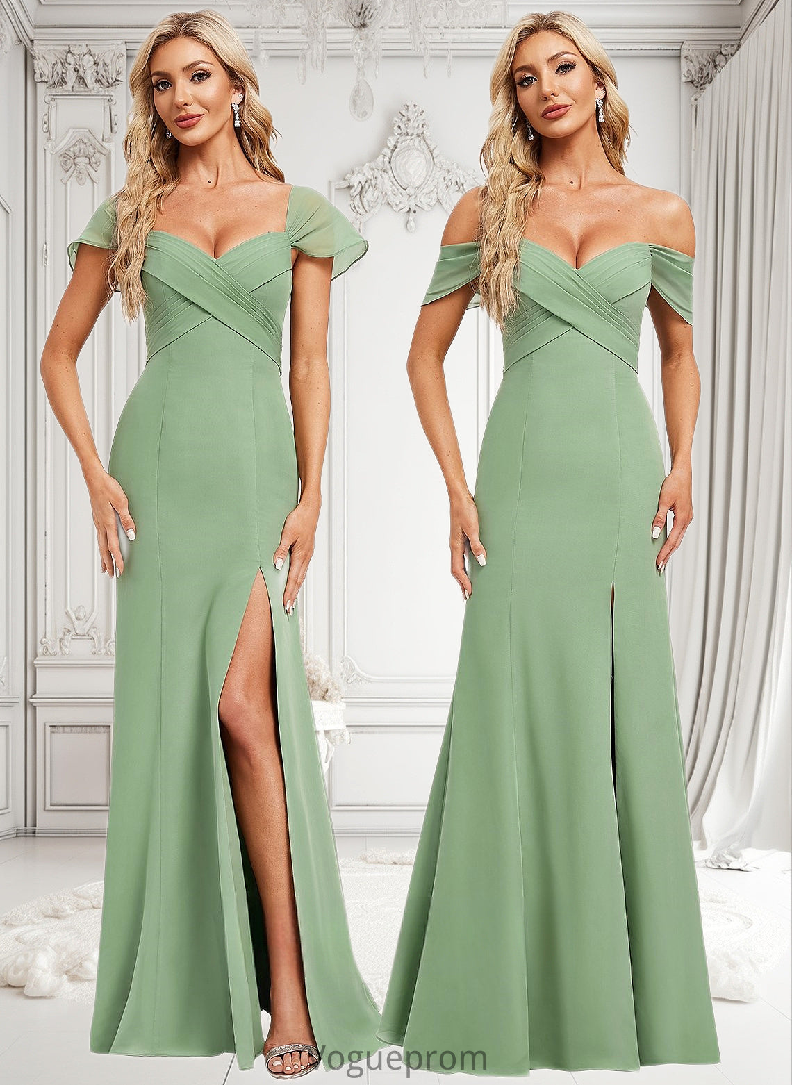 Dayami Trumpet/Mermaid Off the Shoulder V-Neck Floor-Length Chiffon Bridesmaid Dress DKP0025810