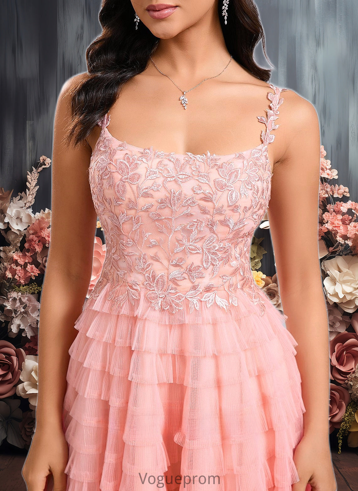 Mary Ball-Gown/Princess Scoop Short Tulle Lace Homecoming Dress With Ruffle DKP0025676