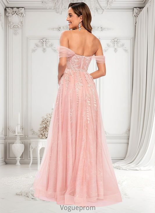 Phyllis A-line Sweetheart Off the Shoulder Floor-Length Tulle Floral Lace Prom Dresses With Appliques Lace DKP0025870