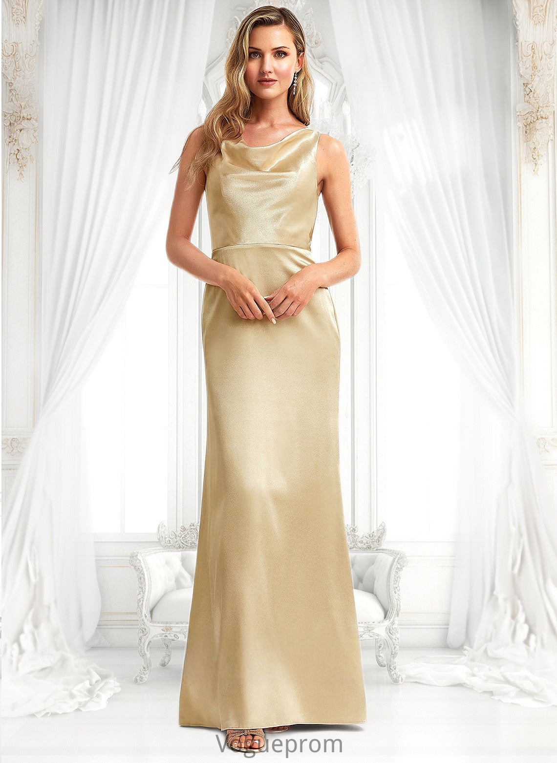 Keyla A-line Cowl Floor-Length Stretch Satin Bridesmaid Dress DKP0025764