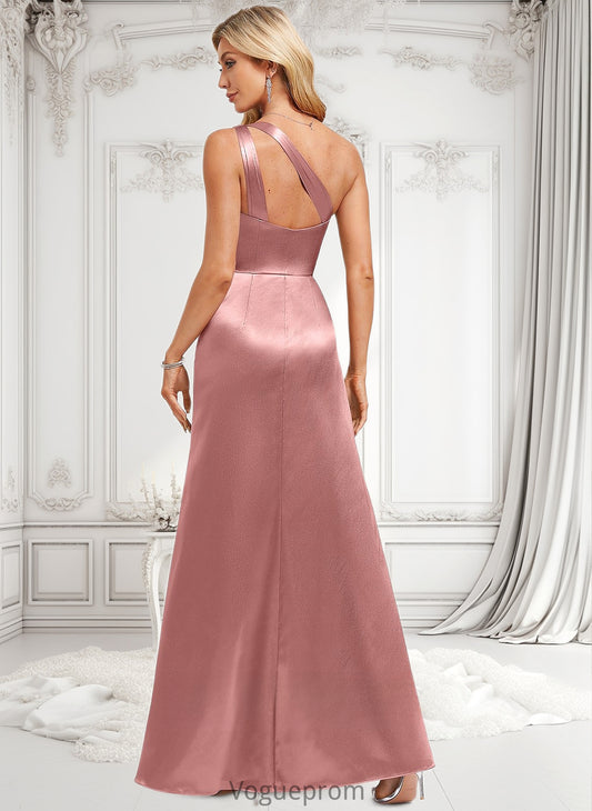 Jaylen A-line One Shoulder Floor-Length Stretch Satin Bridesmaid Dress With Ruffle DKP0025768