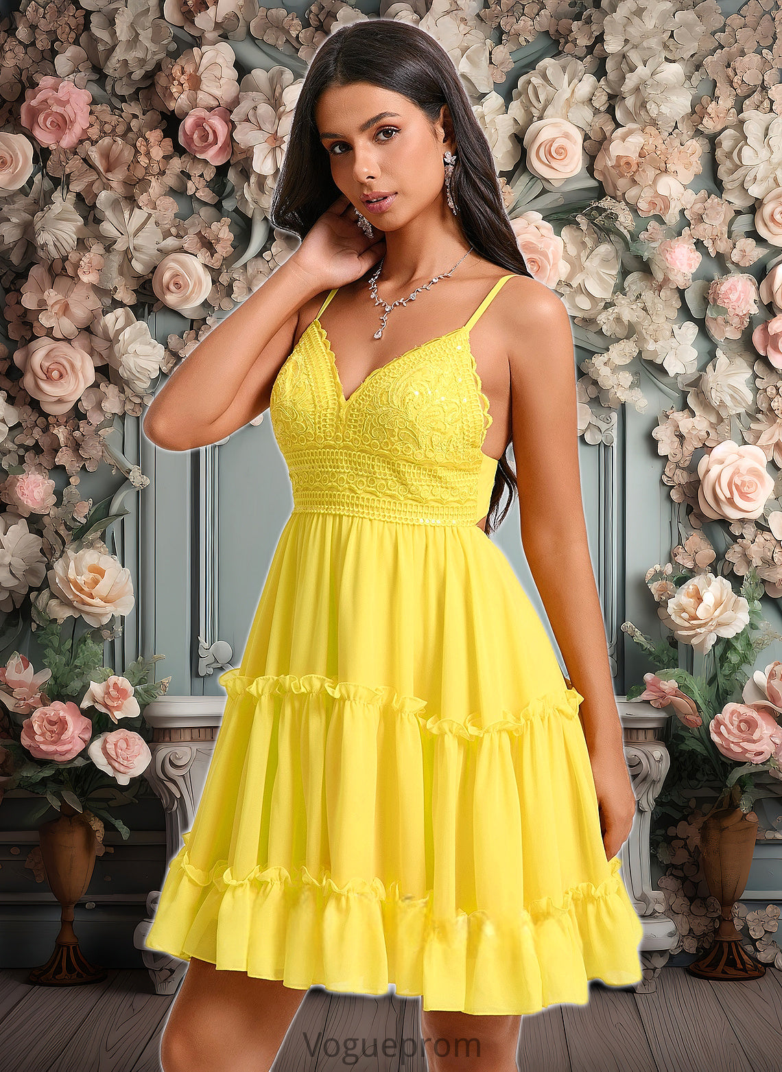 Jimena A-line V-Neck Short Chiffon Homecoming Dress With Ruffle Sequins DKP0025700