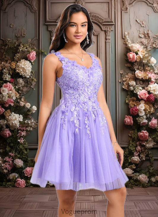 Annabelle Ball-Gown/Princess V-Neck Short Lace Tulle Homecoming Dress With Flower DKP0025656