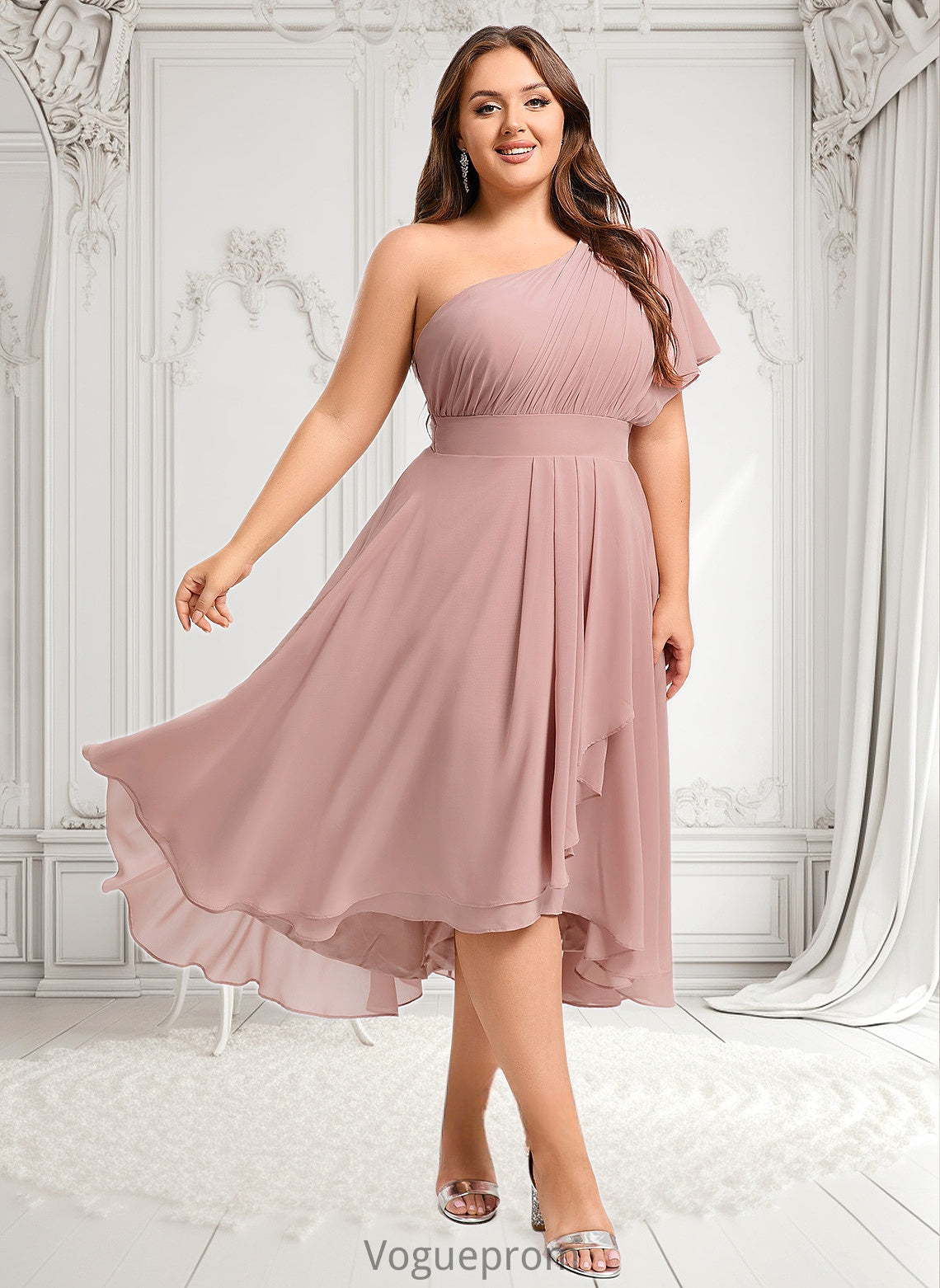 Aria A-line One Shoulder Asymmetrical Chiffon Bridesmaid Dress With Ruffle DKP0025819