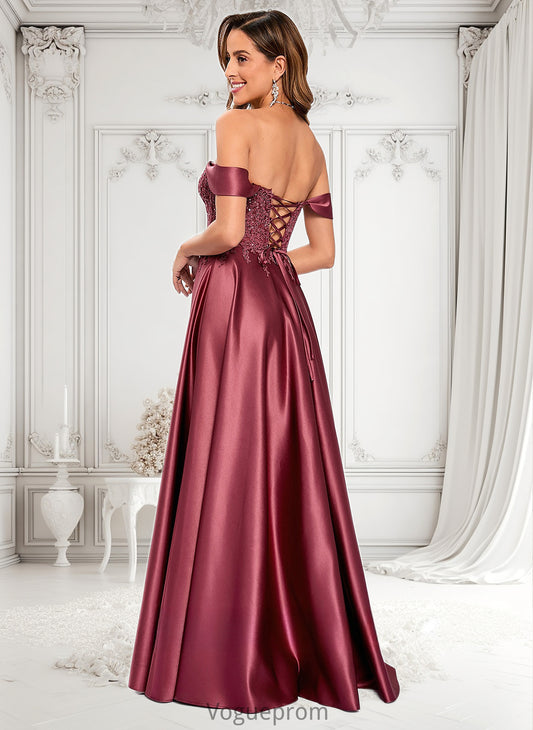 Anna A-line Off the Shoulder Floor-Length Satin Lace Prom Dresses With Sequins DKP0025841