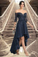 Regina A-line Off the Shoulder Asymmetrical Lace Satin Homecoming Dress With Sequins DKP0020580