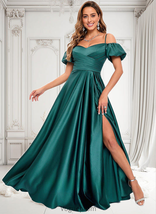 Miley A-line Off the Shoulder Sweetheart Floor-Length Satin Prom Dresses DKP0025852