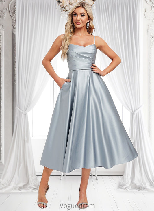 Briley A-line V-Neck Tea-Length Satin Bridesmaid Dress DKP0025794