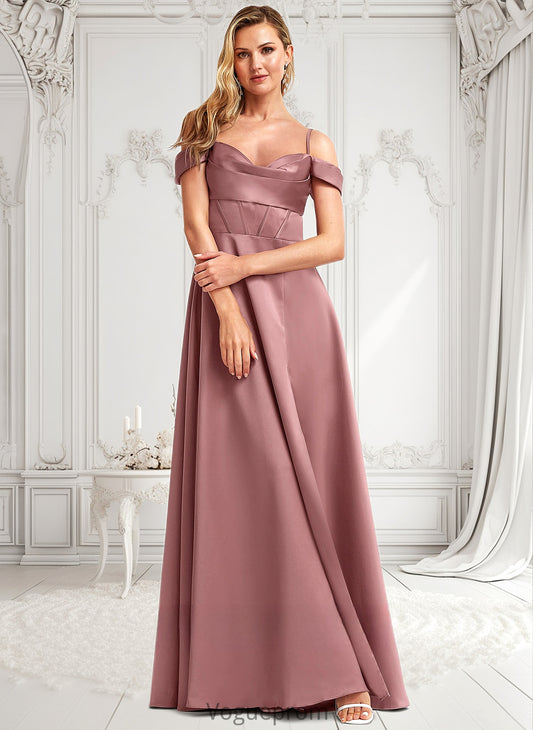 Leslie A-line Cold Shoulder Floor-Length Satin Bridesmaid Dress DKP0025750