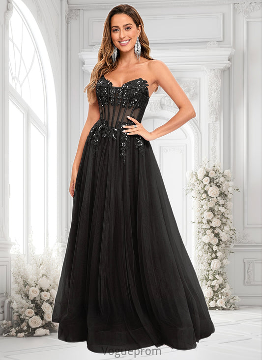 Sally Ball-Gown/Princess V-Neck Floor-Length Tulle Prom Dresses With Sequins Appliques Lace DKP0025837