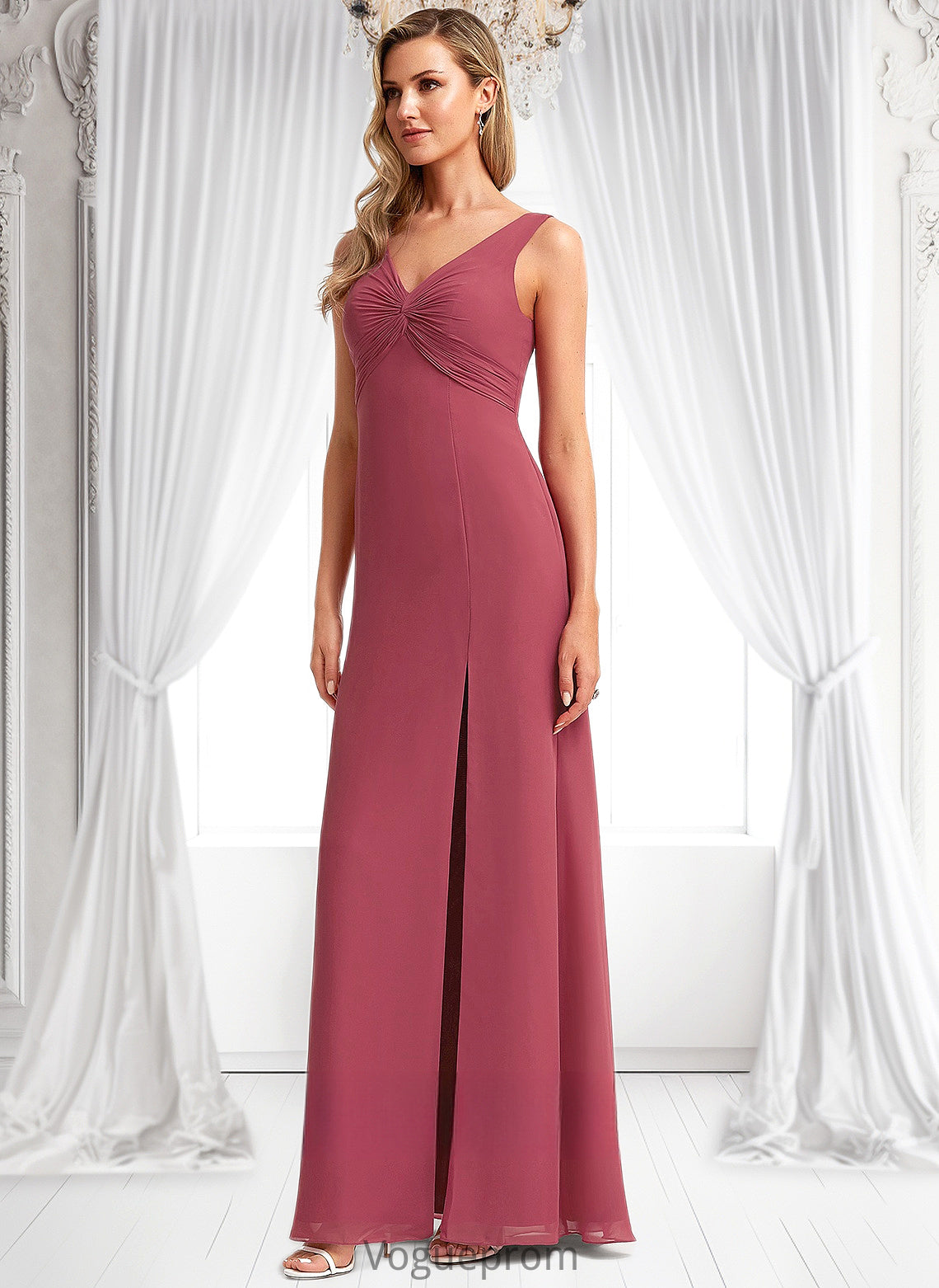 Esme A-line V-Neck Floor-Length Chiffon Bridesmaid Dress DKP0025753