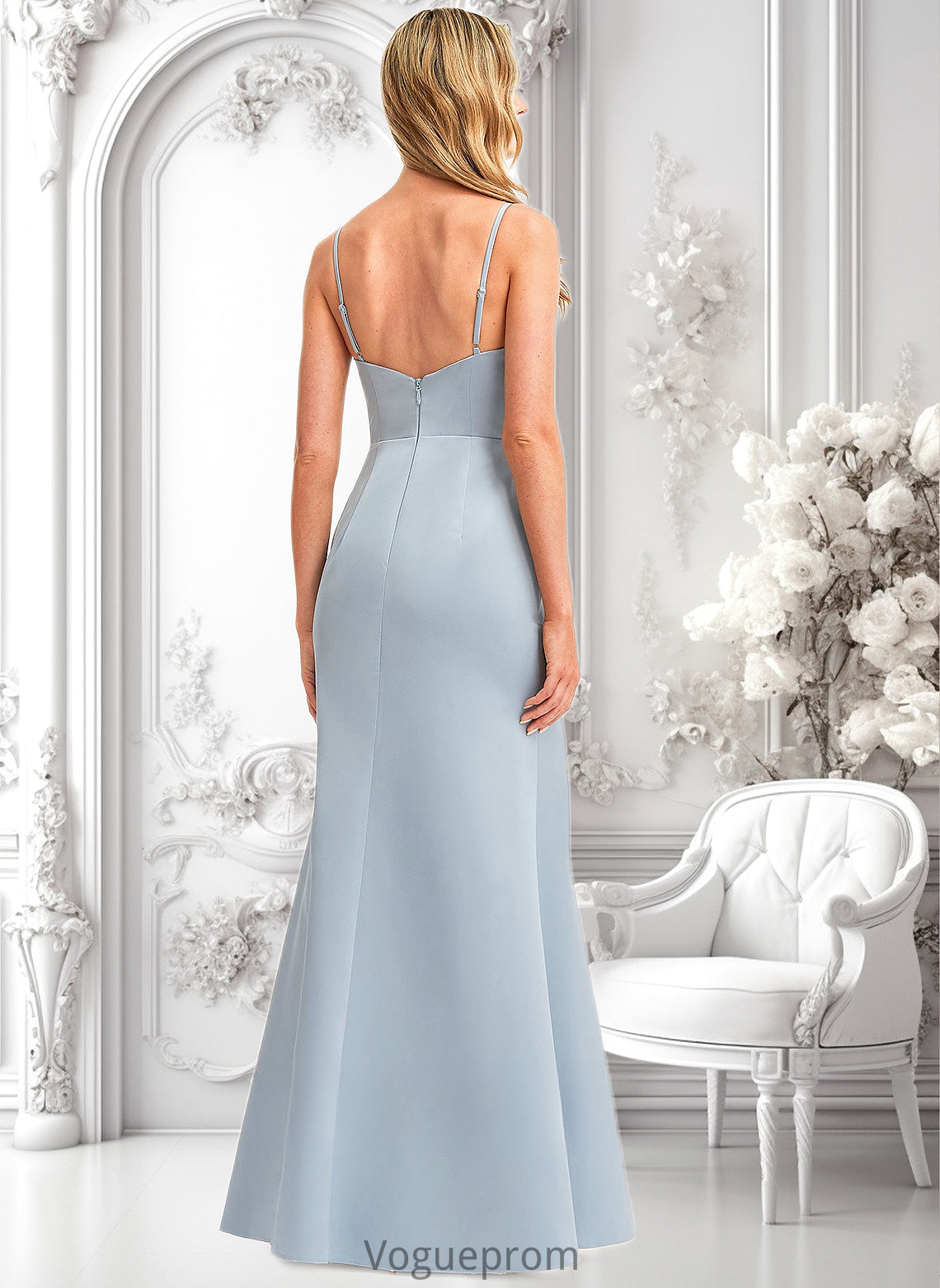 Gabrielle A-line V-Neck Floor-Length Satin Bridesmaid Dress DKP0025724