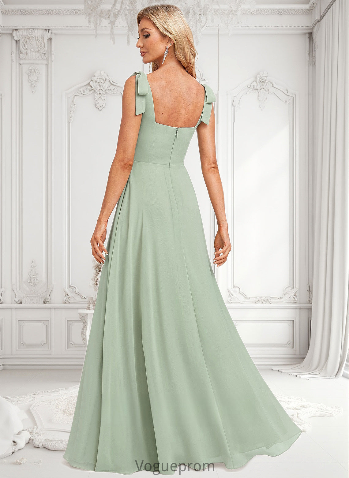 Olympia A-line Square Floor-Length Chiffon Prom Dresses With Bow DKP0025876