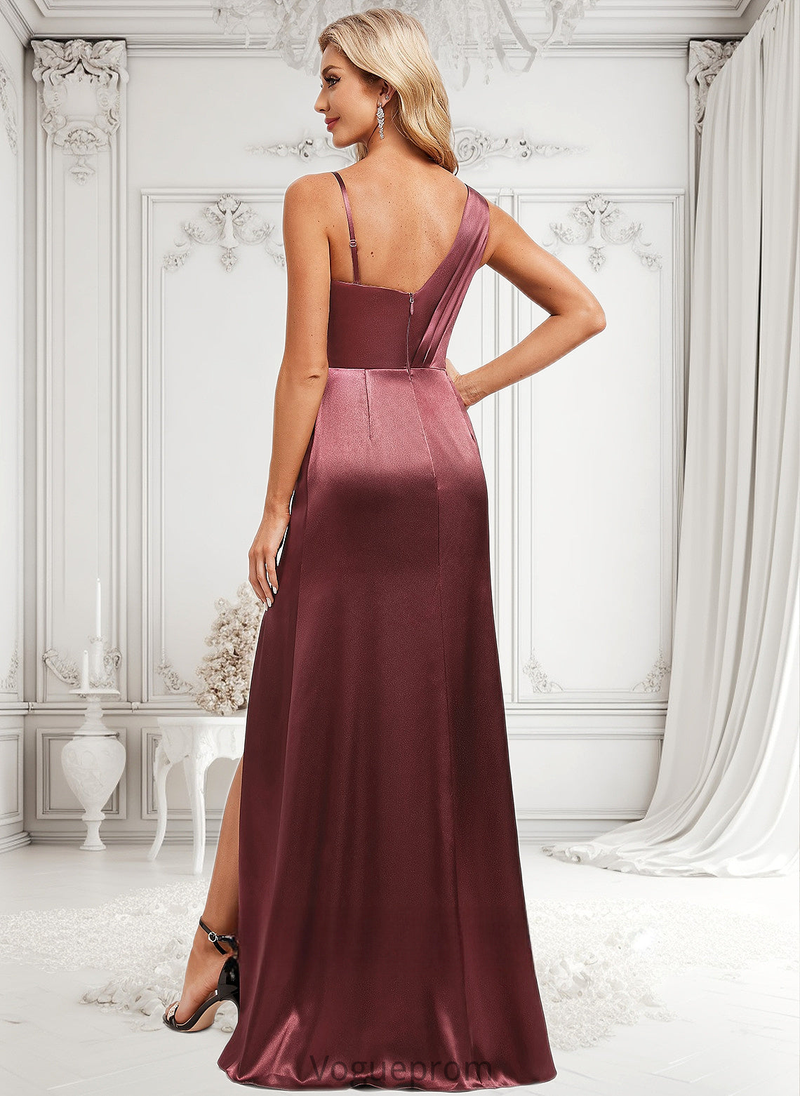 Jenna A-line Asymmetrical Floor-Length Stretch Satin Bridesmaid Dress DKP0025828