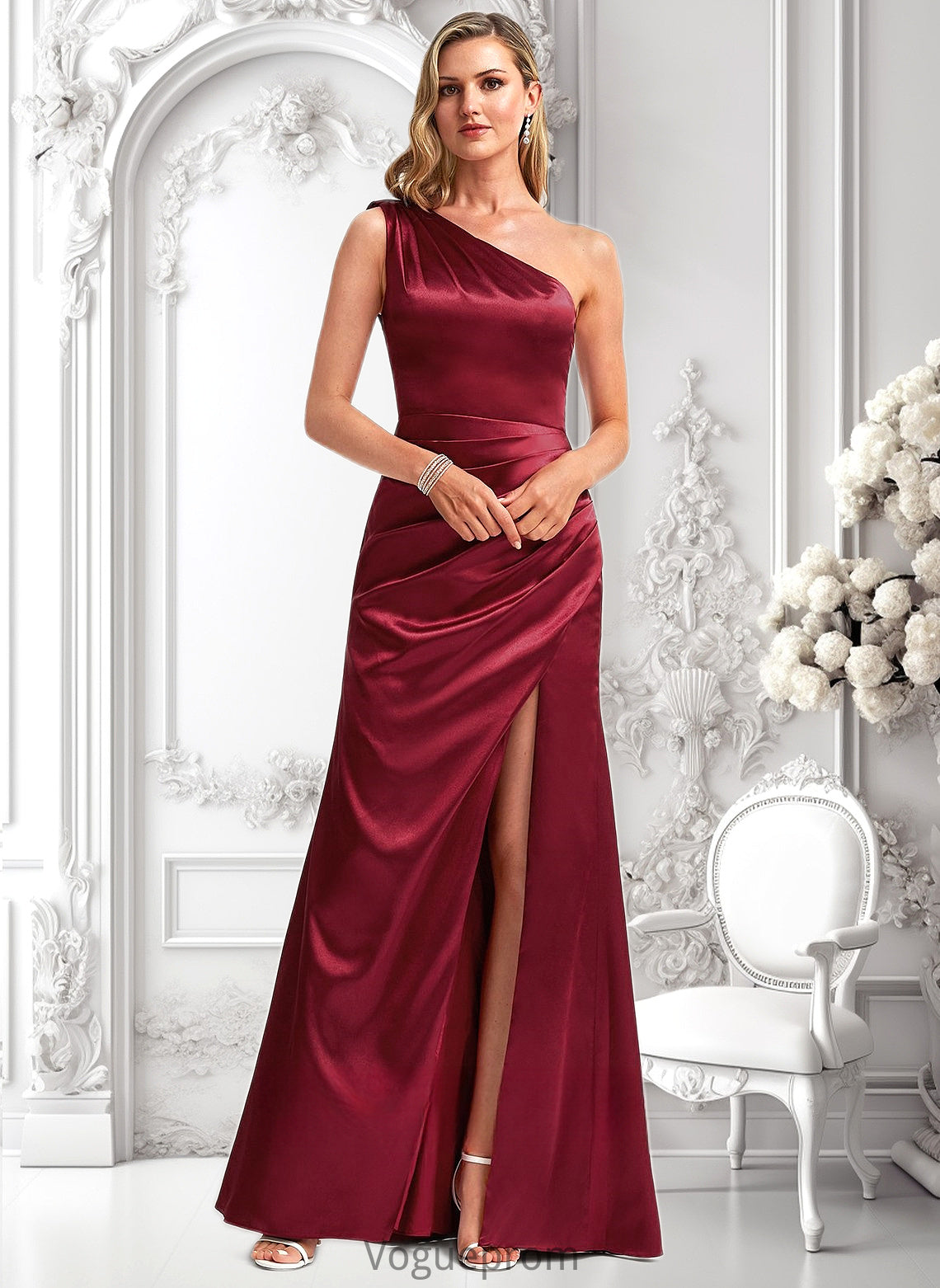 Finley A-line One Shoulder Floor-Length Stretch Satin Bridesmaid Dress With Bow DKP0025758