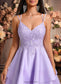 Londyn A-line V-Neck Short Satin Homecoming Dress With Appliques Lace DKP0025692