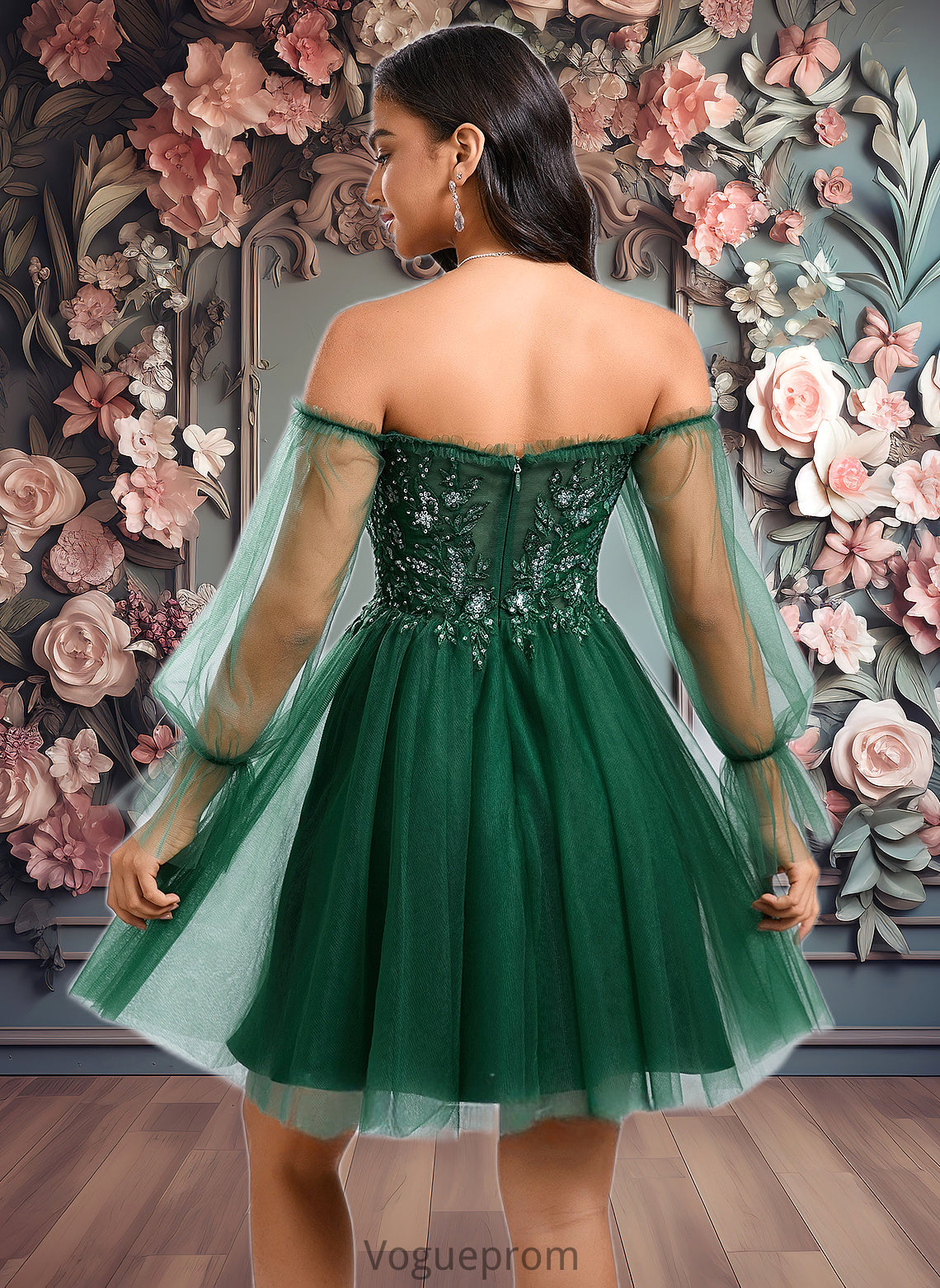 Kit A-line Off the Shoulder Short Tulle Homecoming Dress With Sequins Appliques Lace DKP0025663