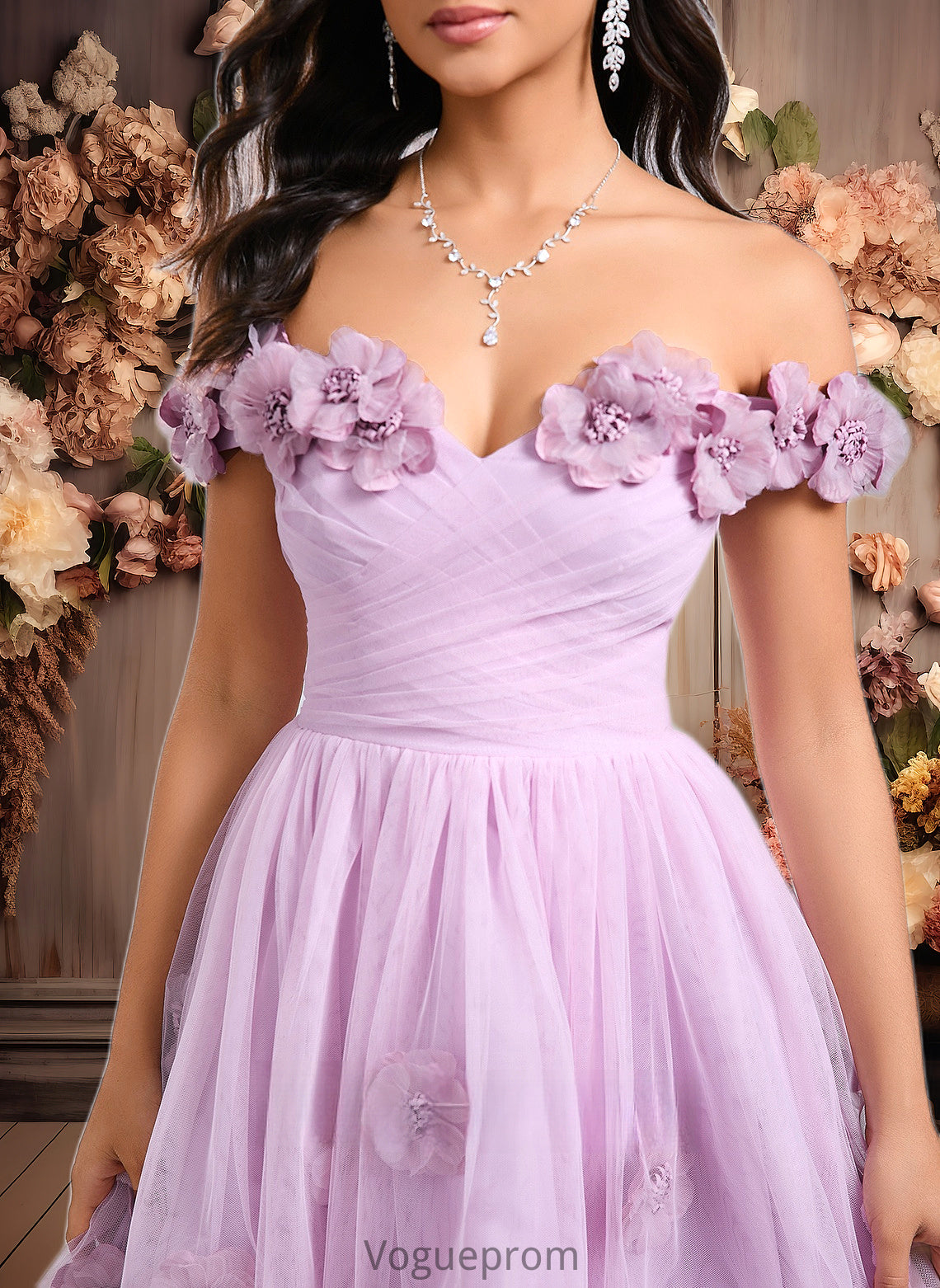 Penelope Ball-Gown/Princess Off the Shoulder Short Tulle Homecoming Dress With Pleated Flower DKP0025668