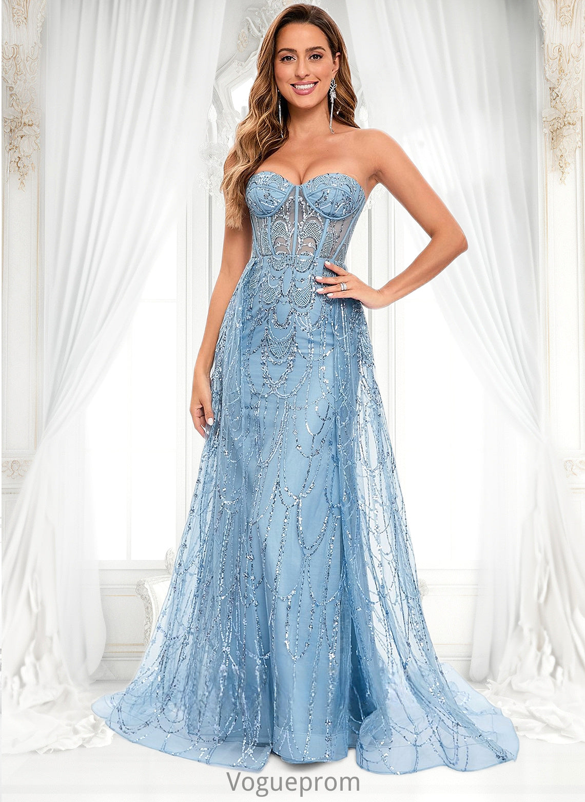 Nellie Sheath/Column Sweetheart Sweep Train Sequin Tulle Prom Dresses With Sequins DKP0025860