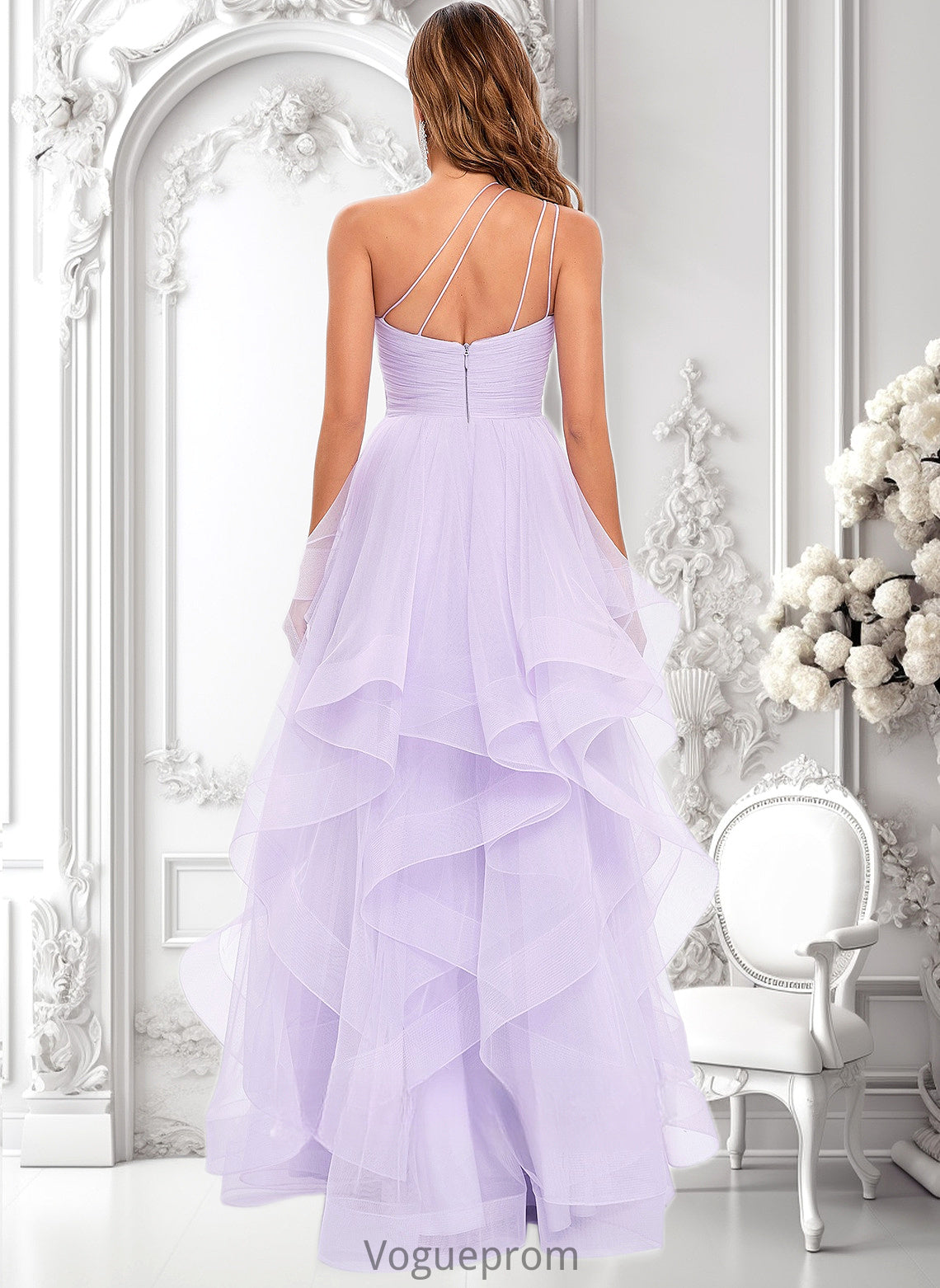 Jaiden Ball-Gown/Princess Asymmetrical One Shoulder Floor-Length Tulle Prom Dresses DKP0025867